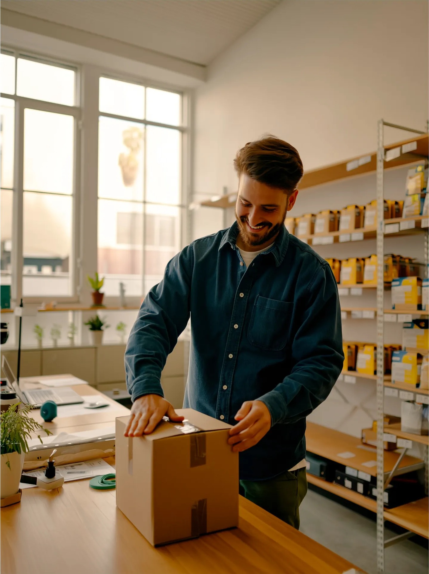 Webshopeigenaar pakt een bestelling in bij stellingen vol voorraad