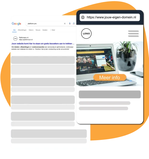 Een zoekresultaat in Google naast een website op een laptop