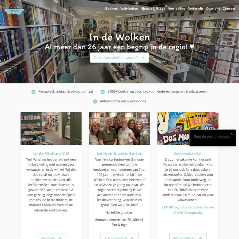 Schermafbeelding van de website van kinderboekwinkel In de Wolken