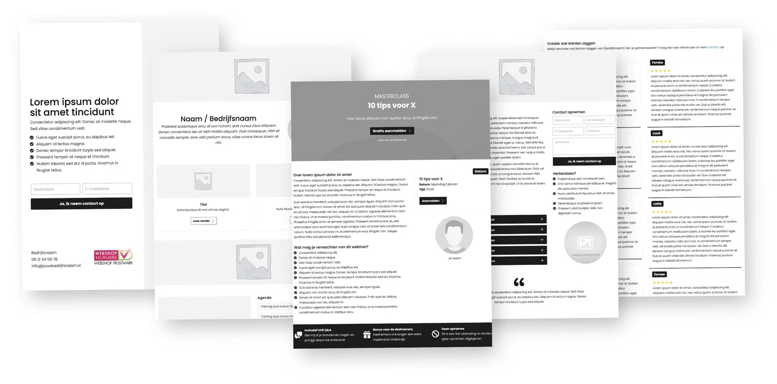 Waaier met kant-en-klare sjablonen: een aanmeldpagina, een bedrijfspagina, een masterclass, een contactpagina en een reviewpagina