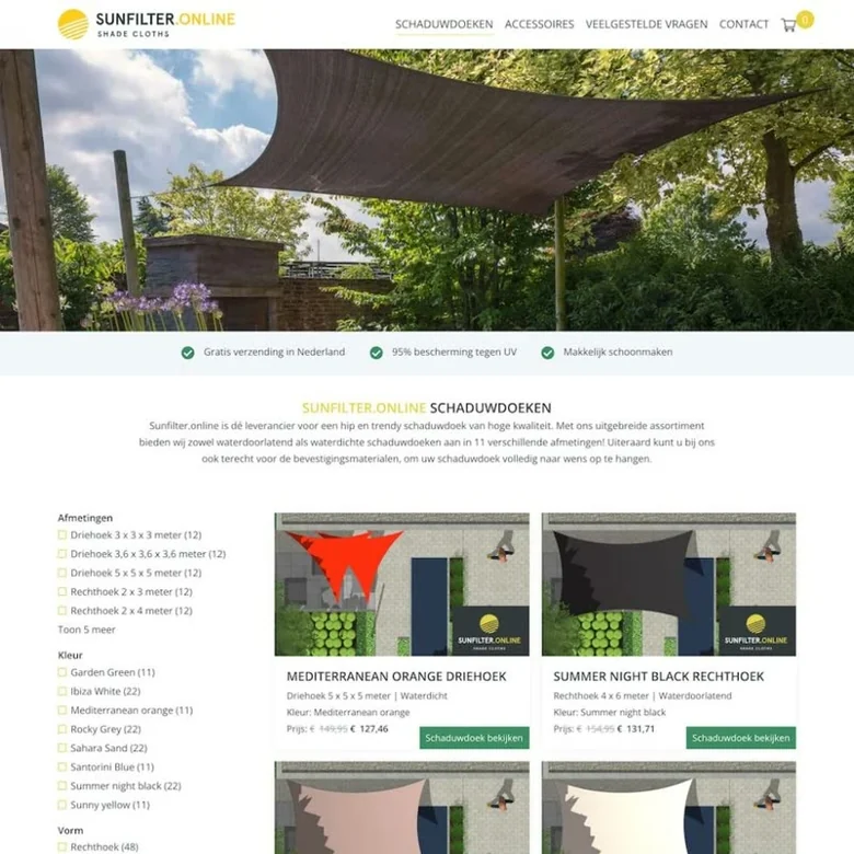 Schermafbeelding van de website van sunfilter