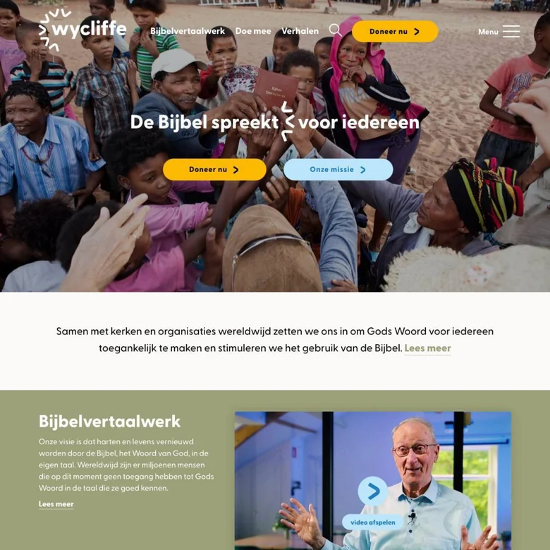 Schermafbeelding van de website van Wycliffe Bijbelvertalers